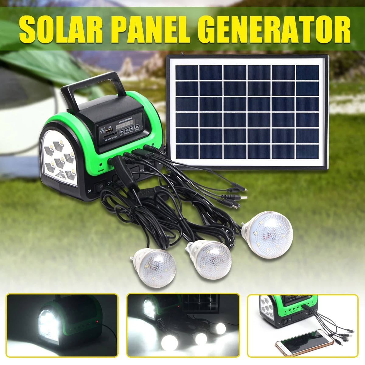 Indoor 5W Solar Home Lighting System with 3LED Lighting Bulbs Solar Radio and FM Player